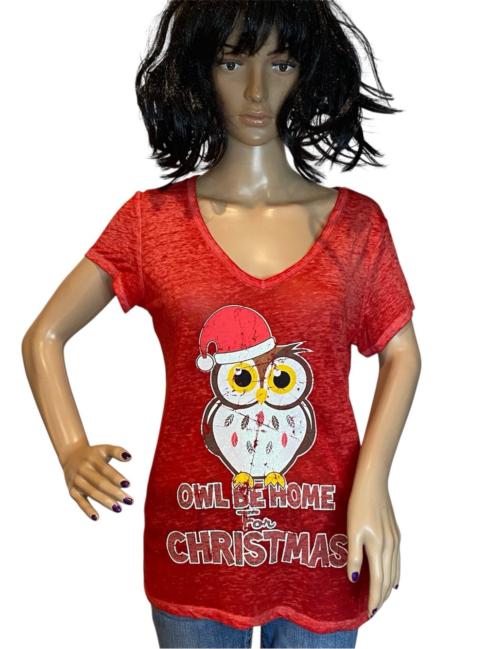 Rocker Girl "Owl Be Home for Christmas" Red Burnout Distressed Tee Junior Sz Lrg